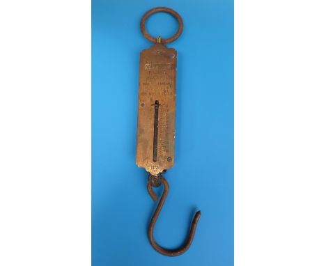 A steel cased fisherman's thermometer together with three sets of hanging scales, two brass cased and by Salter and one small