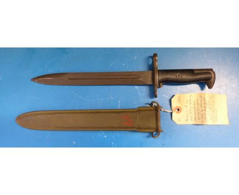 A WWII 1944 M1 bayonet by The Utica Cutlery Company U S in scabbard