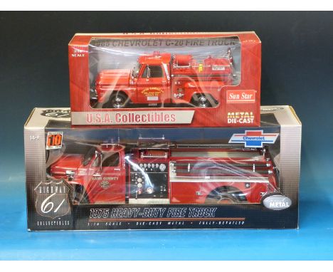 Two diecast model fire engines, Sun Star 1:18 scale 1965 Chevrolet C-20 fire truck, and Highway 61 1:16 scale 1975 Heavy Duty