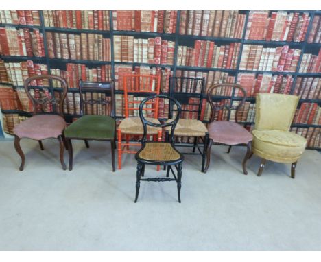 Six various dining chairs to include a pair of mahogany balloon backed chairs and a mother of pearl inlaid chair 