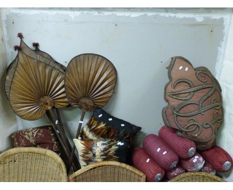 A quantity of fans, various cushions, two wooden carriers and various globes etc. One cushion with all over wirework embroide