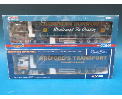 Two Corgi 1:50 scale diecast model lorries, Hauliers of Renown Chamberlain Transport cc13225 and Wreford's Transport cc13216