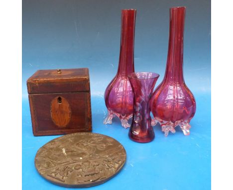 A pair of cranberry glass vases, Georgian tea caddy and a plaque 'Crete May 41, Royal Welsh'