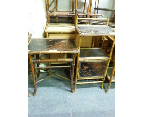 A bamboo and lacquer side table with cupboard below together with a similar side table (tallest item 107cm)