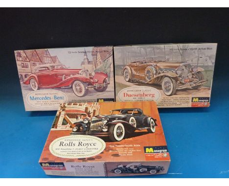 Three Monogram model kits, Rolls Royce Phantom II Henley Convertible PC109.300, Mercedes Benz 540-k Cabriolet PC87.298 and Du