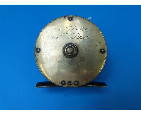 A 2 3/4" trout or salmon fly reel with ivory handle engraving to back plate and fish trademark top foot made by C Farlow & Co