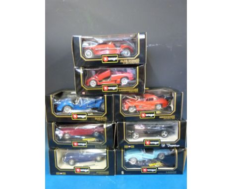 Eight Burago 1:8 scale diecast model vehicles (all in original boxes)