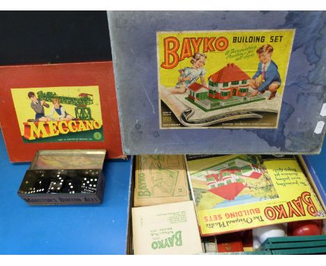 A Bayko building set, a boxed Meccano set and some Marstons dominoes