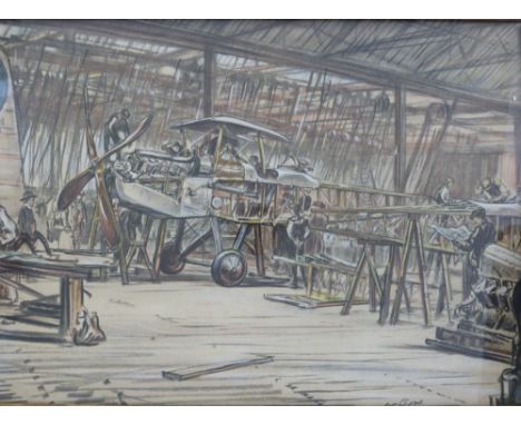 Sir Muirhead Bone (1876-1953): Lithograph on paper laid on board, script verso 'Erecting Aeroplanes in 1916 by Muirhead Bone'