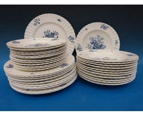 A quantity of Royal Worcester dinner ware in Blue Sprays pattern comprising 12 soup plates, 12 side plates and 11 dinner plat