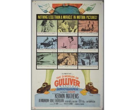 The 3 Worlds of Gulliver (1960) US One Sheet film poster, Dynamation by Ray Harryhausen, folded, 27 x 41 inches.Background - 