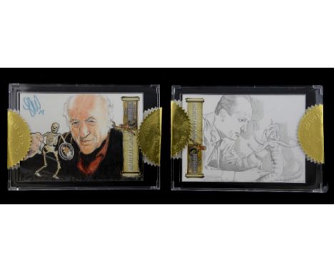 Ray Harryhausen - Two Strictly Ink original sketch cards, each with hand drawings with one by Carolyn Edwards, each sealed in