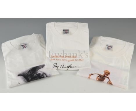 Three Ray Harryhausen promotional T-Shirts, all XL size, three designs, Skeleton, One with the text 'Sinbad has been bad - Bu