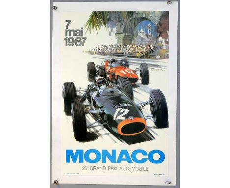 Monaco Grand Prix poster - 25th Grand Prix, 7th May 1967 (later printing), art work by Michael Turner, showing the BRM of Jac