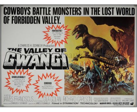 The Valley of Gwangi (1969) British Quad film poster, visual effects by Ray Harryhausen, cowboys battling dinosaurs, folded, 