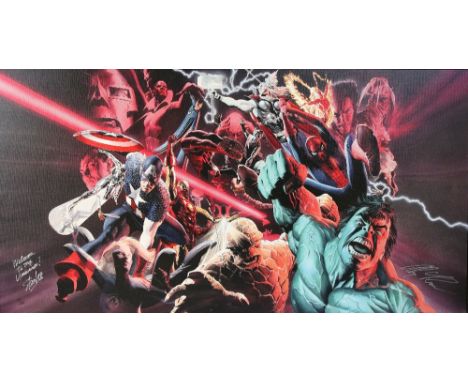 Marvel Universe - Limited edition Giclee print 7/25, signed by Stan Lee &amp; Alex Ross, framed, 26 x 49 inches