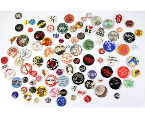 1970’s Original Music badges approx 90 Rock and punk rock including The Clash, Sex Pistols, The Stranglers, Stiff Records, Ad