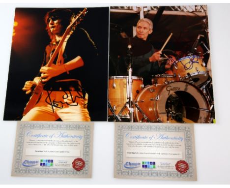 The Rolling Stones- Two signed 10 x 8 inch photographs, signed by Ronnie Wood &amp; Charlie Watts (2).Provenance: Certificate