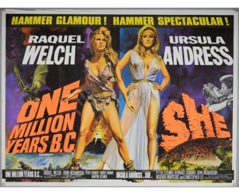 One Million Years B.C./She (1966) British Quad Double Bill film poster, artwork by Tom Chantrell, starring Raquel Welch &amp;