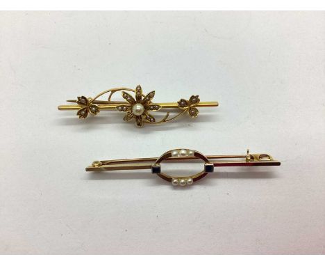 A Freshwater Pearl Bead Set Flowerhead Bar Brooch, the pearl bead set to centre between seed pearl set foliage style decorati
