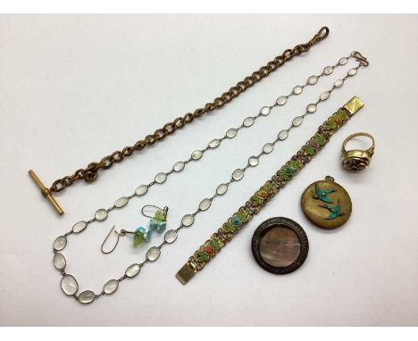 An Assortment of Vintage and Later Jewellery, to include an Arts &amp; Crafts style stone set necklace, painted enamel panel 