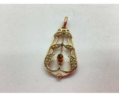 An Antique Style Seed Pearl and Stone Set Lavalier Pendant, the oval centre stone collet set within openwork style setting an
