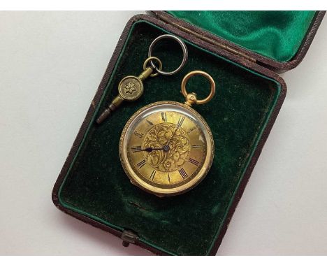 A Highly Decorative 18ct Gold Cased Openface Pocketwatch, the unsigned gilt coloured dial with foliage decoration to centre f