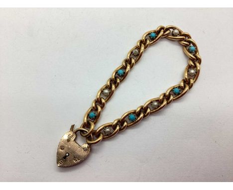 An Antique Turquoise and Pearl Set Bracelet, the curb links with alternate claw set stones, to heart-shape padlock style clas
