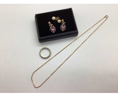 A Pair of 9ct Gold Stone Set Drop Earrings, the oval centre stone four claw set within sinuous openwork setting, to beaded su
