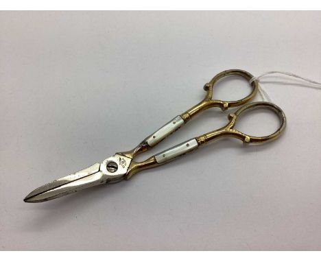 A Pair of Vintage Gilted Ed Wusthof Mother of Pearl Handled Grape Scissors, scrolling decorative ring handles, stamped "Ed.Wu