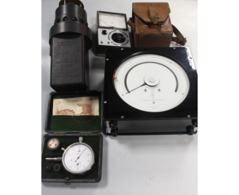 AN AMMETER IN FITTED LEATHER CASE MARKED 'G.P.O', together with a 'Ringrose' Firedamp alarm, an Ohmmeter, a boxed AVC multime