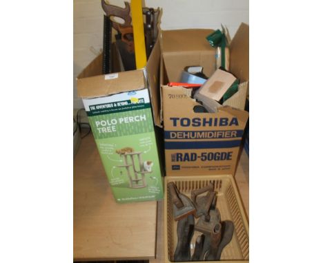 TWO ASSORTED BOXES OF TOOLS, TOGETHER WITH COBBLERS LASTS, ETC