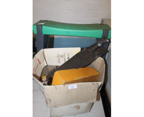 A BOX OF ASSORTED SUNDRIES, TOGETHER WITH A GARDEN STEP, ETC