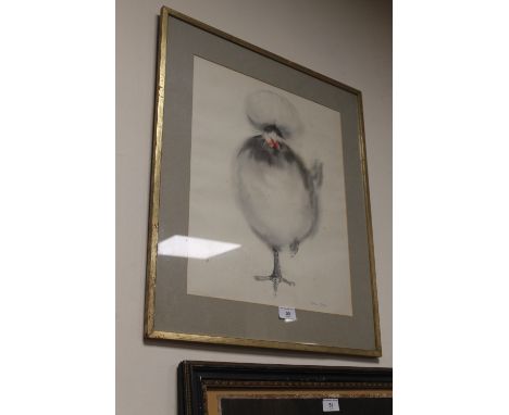 A FRAMED AND GLAZED  MODERN PRINT OF A CHICK 