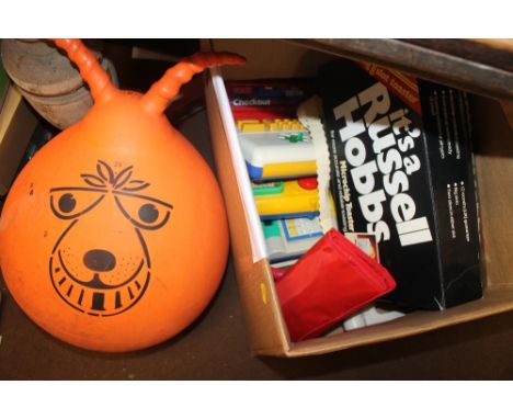 A SELECTION OF CHILDRENS TOYS AND  GAMES, ETC TO INCLUDE A SPACE HOPPER, ETC