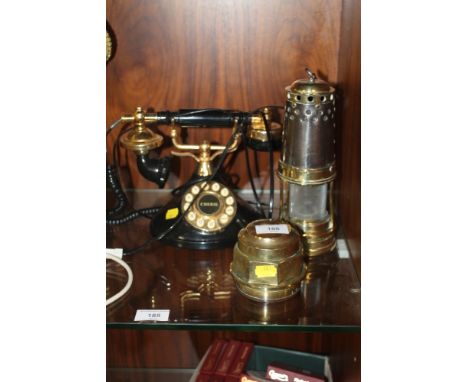 A BRASS MINERS LAMP, TOGETHER WITH A VINTAGE TELEPHONE, ETC 