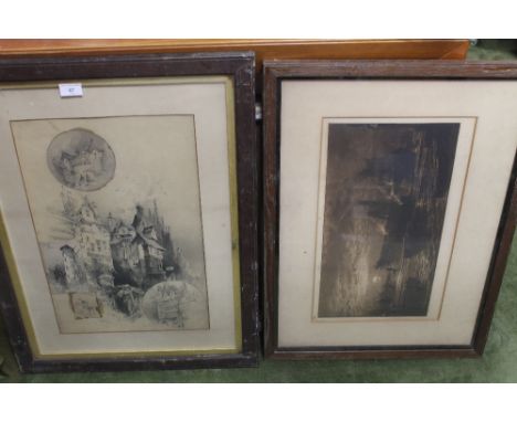 A FRAMED AND GLAZED PRINT SHOWING MULTIPLE VIEWS OF JOHN KNOX'S HOUSE, TOGETHER WITH A SIGNED LANDSCAPE ENGRAVING 