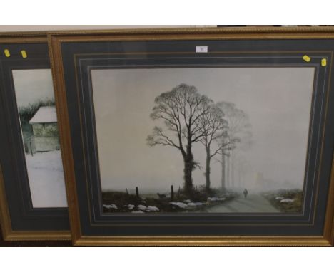 TWO LARGE FRAMED AND GLAZED PRINTS ONE TITLED DEEP WINTER BY FRANK HAMILTON, THE OTHER DEPICTING A COUNTRYSIDE SCENE 