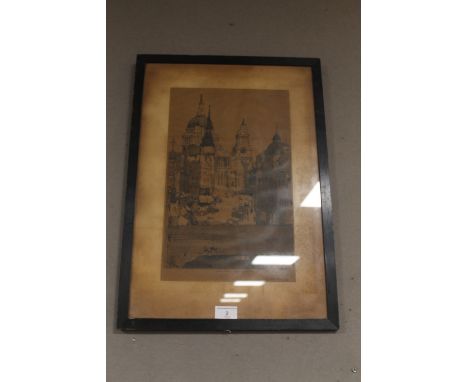 A FRAMED PRINT OF AN ORIGINAL PEN AND INK DRAWING OF ST. PAULS FROM LUDGATE HILL, SIGNED LEILA BOTHROYD (1157)