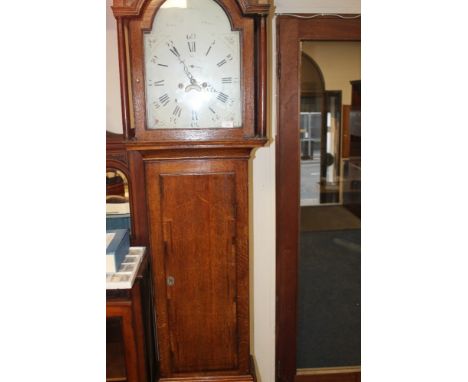 A 19TH CENTURY OAK AND MAHOGANY INLAID EIGHT DAY LONGCASE CLOCK BY JOHN CHAMBLEY OF WOLVERHAMPTON, the painted face with date