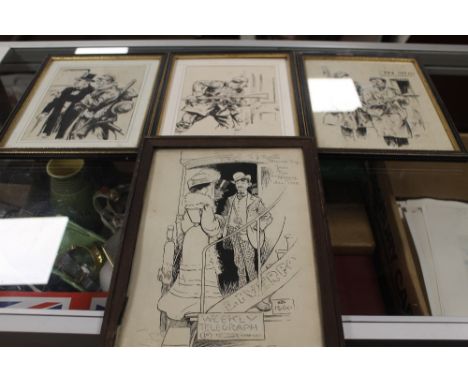 THREE FRAMED AND GLAZED PRINTS SIGNED B T, DEPICTING A GERMAN SOLIDER, PAY OFFICE AND RAILWAY, TOGETHER WITH ANOTHER PRINT.  