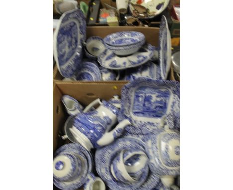 TWO TRAYS OF SPODE ITALIAN BLUE AND WHITE TEA AND DINNER WARE 
