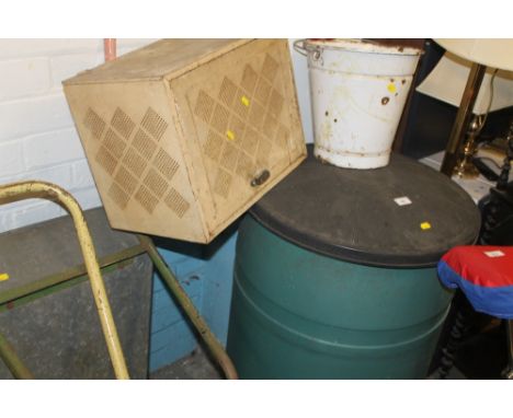 A GARDEN COMPOST BIN, ENAMEL BUCKET, ETC