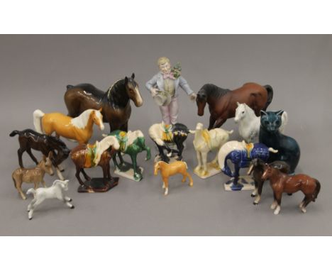 A quantity of various porcelain including Beswick horses, a Poole cat and a Continental porcelain figure. The latter 24 cm hi