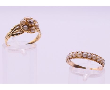 An unmarked gold, diamond and seed pearl ring, and another unmarked gold and seed pearl ring. Ring size each O/P.
