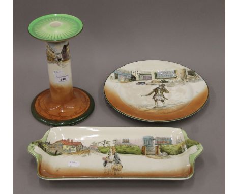 Three pieces of Royal Doulton Dickens ware. The candlestick 22 cm high.