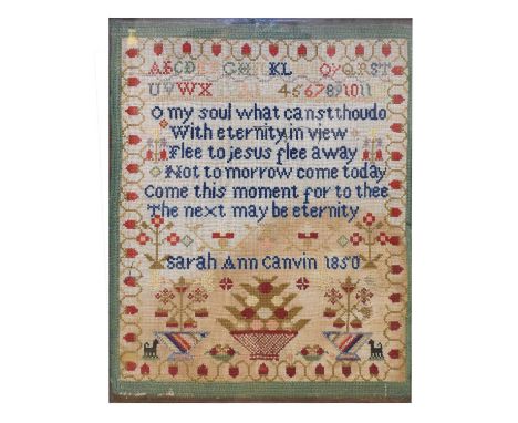 Early Victorian needlework sampler, Sarah Ann Canvin 1850, 49cm x 39cm, framed under glass