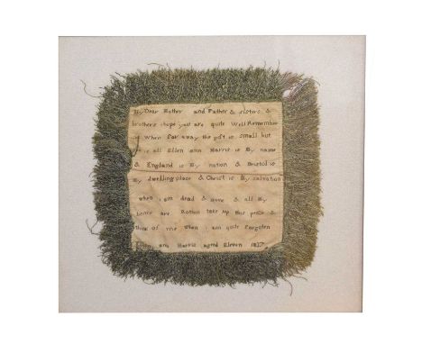 Bristol Interest - William IV small needlework sampler by Ellen Ann Harris, aged eleven, 1837, 'My dear mother and father &am