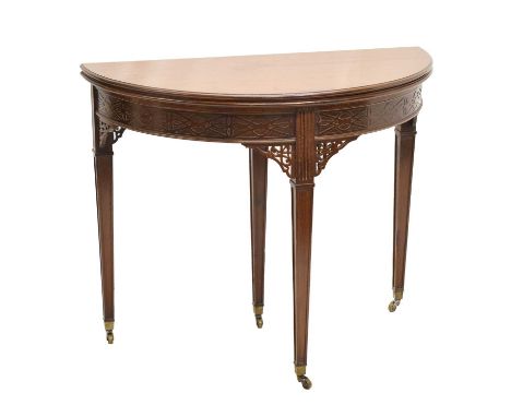 Chippendale revival mahogany demi-lune fold-over card table, with turquoise baize lining, raised on four tapered supports wit