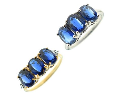 9ct gold dress ring set three blue stones with diamond set shoulders, size N½, 2.4g gross approx, together with a similar 9ct
